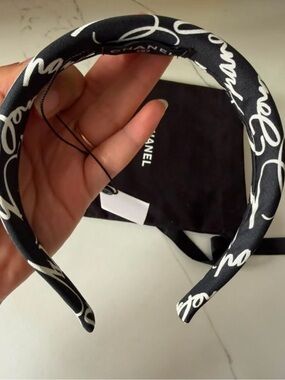 CHANEL Black and White Satin Logo Headband